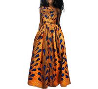 OLIPHEE Robe Femme Imprimer lâche Grande Taille Afrique sans Manches Une épaule De Multiples Façons De Porter(L, Plume Bleue sur Fond Jaune)