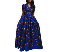 OLIPHEE Robe Femme Imprimer lâche Grande Taille Afrique sans Manches Une épaule De Multiples Façons De Porter(S, Plume Orange sur Fond Bleu)