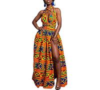 OLIPHEE Robe Femme Imprimer lâche Grande Taille Afrique sans Manches Une épaule De Multiples Façons De Porter(S, Géométrie Jaune et Bleue)