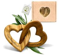 OLIQUE Cœurs en Bois personnalisés, Bois d'olivier - Cœurs en Bois reliés avec Gravure comme Cadeau Individuel pour Mariage, Anniversaire de Mariage ou fiançailles (8 cm)