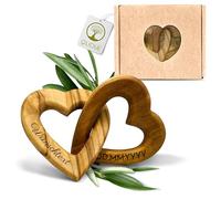 OLIQUE Cœurs en Bois personnalisés, Bois d'olivier - Cœurs en Bois reliés avec Gravure comme Cadeau Individuel pour Mariage, Anniversaire de Mariage ou fiançailles (6 cm)