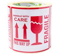 OliveBird 250 Etiquettes Fragile Avec Inscription En Anglais This Way Up Handle With Care Autocollants Grande Taille 10 X 10 Cm White-Red