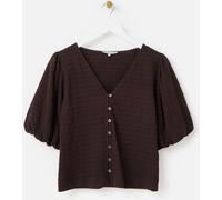 Oliver Bonas Oliver Bonas Chocolate Brown Textured Button Up Puff Sleeve Shirt Chocolate Brown EU 42 (UK 14)