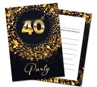 Olivia Samuel Lot de 20 cartons d'invitation pour anniversaire 40e avec enveloppes - Prêt à écrire - Effet noir et doré - Conçu et imprimé au Royaume-Uni