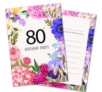 Olivia Samuel Lot de 20 cartons d'invitation pour fête d'anniversaire Motif floral 80 ans Prêt à écrire avec enveloppes Idéal pour les fêtes de jardin Conçu et imprimé au Royaume-Uni