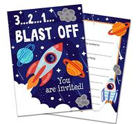Olivia Samuel Lot de 20 invitations de fête d'anniversaire sur le thème de la fusée spatiale - Prêtes à écrire avec enveloppes - Conçues et imprimées au Royaume-Uni