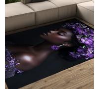 OLLIAR Home Belle Femme Noire américaine Tapis décor à la Maison élégants Fleurs Violettes Tapis pour Chambre à Coucher Lavable Tapis antidérapant pour Salon 90x150cm