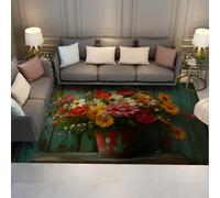 OLLIAR Home Printemps Floraison Marguerite Floral Tapis Vintage Vase Bois Texture Doux Lavable Rectangle Tapis pour Salon Balcon Patio 100x150cm