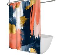 OLLIAR Home Rideau de Douche Abstrait Milieu siècle Décor de Salle de Bain Bleu Marine Corail & Or Ensemble de Rideaux de Douche en Tissu Lavable aux Coups de Pinceau Moderne avec Crochets 180x160cm