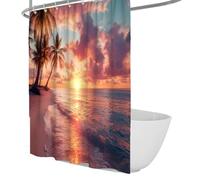 OLLIAR Home Rideau de Douche Ocean Beach Plam Tree Sunset Wave Plage Tropicale Paysage côtier hawaïen Rideau de Bain Ensembles de Salle de Bain en Tissu Lavable avec Crochets 220x180cm