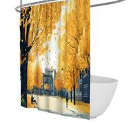 OLLIAR Home Rideaux de Douche de Salle de Bain d’Automne Cosy 200x200 School Street avec Arbres dorés Rideau de Douche à Motifs de Douche en Tissu imperméable avec Crochets