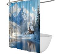 OLLIAR Home Scène hivernale de Neige Rideau de Douche Cabine forestière Ferme Rivière enneigée Nature Rustique Pavillon Country Set de Rideaux de Douche Crochets en Tissu Polyester 220x180cm