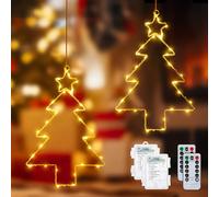 Ollny Décoration de fenêtre pour sapin de Noël, blanc chaud, fonctionnant sur piles, 2 pièces, 60 LED, Noël, avec 1m de câble d'alimentation, 8 modes et minuteur pour la décoration de la fenêtre, à