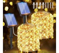 Ollny Lot de 2 Guirlande Solaire Exterieur, 15m 150LED Lumineuse Étanche, 8 Modes Décoration pour Jardin Terrasse Cour Noël Mariage Fête, Blanc Chaud