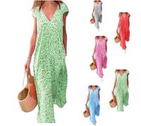 OLLWBYDM Robe Longue imprimée à Manches Courtes et col en V, Robes Longues d'été à imprimé léopard pour Femmes (Green,Large)