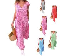 OLLWBYDM Robe Longue imprimée à Manches Courtes et col en V, Robes Longues d'été à imprimé léopard pour Femmes (Pink,Medium)