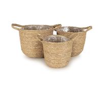 Olly & Rose Lot de 3 paniers de fleurs d'intérieur de qualité supérieure - Paniers en jonc de mer naturel tissé avec doublure pour plantes de petite et moyenne taille