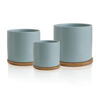 Olly & Rose Lot de 3 pots de fleurs en céramique avec dessous de verre en bambou bleu pastel pour intérieur - Pots de fleurs en céramique pour l'extérieur - Grand, moyen, petit avec soucoupes