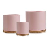 Olly & Rose Lot de 3 pots de fleurs en céramique avec dessous de verre en bambou rose pastel pour intérieur - Pots de fleurs en céramique pour extérieur - Grand, moyen, petit avec soucoupes