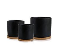 Olly & Rose Lot de 3 Pots de Fleurs en céramique Noir Mat avec Dessous de Verre en Bambou pour intérieur - Pots de Fleurs Blancs - Pots de Fleurs en céramique