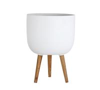 Olly & Rose Pot de fleurs extra large blanc mat avec pieds en bois dur - Support pour plantes - Support pour pot de fleurs de jardin blanc - Pot de fleurs XL à motifs avec support - 38 cm