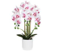 Olrla Fleurs d'orchidées artificielles roses, 3 branches dans un pot blanc - Orchidées réalistes et fausses en forme de papillon - Bonsaï pour la décoration de la salle de bain, du salon, décoration