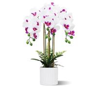 Olrla Orchidées artificielles 3 Branches, Pot Inclus, Blanc Violet | Fleurs réalistes blanc/violet, branches réglables pour modelage libre. Entretien facile, idéal pour table, maison et hôtel.
