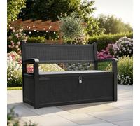 Olsen & Smith Banc de rangement en plastique pour jardin, extérieur, 265 l, résistant aux intempéries, verrouillable, effet rotin, pour pelouse, balcon, terrasse (noir)