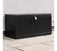 Olsen & Smith Boîte de rangement de jardin assis-dessus, 270 L, siège d'abri de jardin en plastique résistant aux intempéries avec cadenas, coffre verrouillable effet bois pour patio, terrasse et