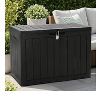Olsen & Smith Boîte de rangement verrouillable en plastique pour jardin, 170 l, petit meuble de balcon, résistant aux intempéries, effet panneau de bois (noir)