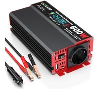 OLTEANP Convertisseur Pur Sinus 600W Onduleur 12V 220V 230V | 1 EU Prises,2 port USB,écran LCD,pour Voiture,Caravane, Bateau,Camping,Voyage,Puissance de Pointe 1200W