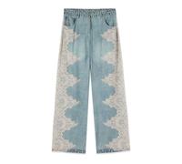Oltre - Pantalon Palazzo Large à Effet Denim et Dentelle - Femme - Jeans - Bleu - Taille: 42 FR