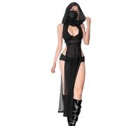 Oludkeph Costume de Cosplay Goth Devil pour Femme - Robe Transparente à Capuche Fendue - Noir - Taille L