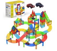 Olvy Bloc Aimanté Jeu Construction Aimant Circuit de Course 126 pièces Set | Piste course automobile | Pente et virage a grand vitesse | Tuile aimant | Bloc magnetique jouet construction aimante enfant