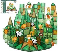 Olvy Blocs Magnetiques Enfant Tuiles Construction 3D | 110 Pièces | Coffret Jungle Safari & Figurines | MINT & Éveil | Jeu Educatif Montessori STEM