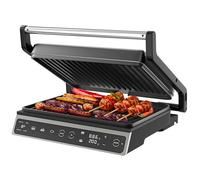 Olvy Grill de Contact avec Écran Tactile - Sans PFAS - 7 Programmes Automatiques - Ouverture 180° 1800W - Plaques Antiadhésives - Thermostat & Minuteur - Appareil à Panini & Croque-Monsieur en Acier