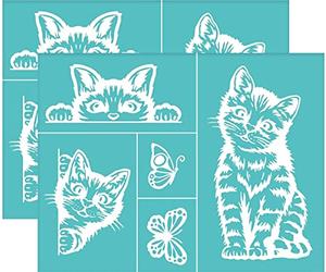 OLYCRAFT 2 pcs Auto-Adhésif Sérigraphie Pochoir Chat Papillon Motif Pochoir Réutilisable Maille Pochoirs Transfert Lavable Décor Maison pour Bricolage T-Shirt Tissu Peinture - 220x280 mm