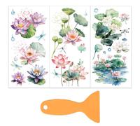 OLYCRAFT 3 pcs/Set Transferts à Frotter Lotus pour Meubles et Artisanat 15x30cm Feuille de Lotus Autocollants Transfert pour Meubles à Frotter avec 1 grattoirs pour Meubles en Bois Décoration