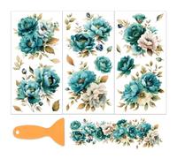 OLYCRAFT 3Pcs/set autocollant de Transfert de Fleurs Bleu Vert pour Meubles et Loisirs Créatifs Motif Pivoine de 15x30cm avec Grattoir 1pcs pour Scrapbooking Décoration de Fenêtre et de Maison