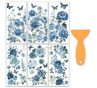 OLYCRAFT 6pcs/set 15x30cm autocollants à Motifs de Fleurs Bleues Vertes Meubles Loisirs Créatifs Papillons Décoration Plantes avec 1pc Grattoir pour Scrapbooking Fenêtre Décoration D'Intérieur