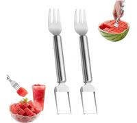 OLYGEE 2-In-1 Stainless Steel Fruit Cutter, Watermelon Fork Slicer Tool with Serving Utensils - Multi-Purpose Mango & Fruit Slicer for Home Party Camping (2pcs)