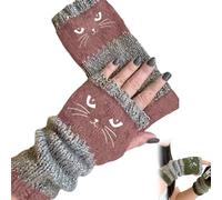 OLYGEE Cat Fingerless Gloves Women-Cozy Cat Gloves for Warm Hands & Free Fingers Leaky Finger Women's Glove (Khaki)