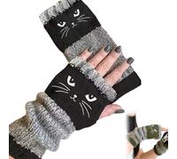 OLYGEE Cat Fingerless Gloves Women, Cozy & Soft Knit Fabric Fingerless Cat Gloves for Winter (black)