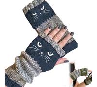 OLYGEE Cat Fingerless Gloves Women, Cozy & Soft Knit Fabric Fingerless Cat Gloves for Winter (dark blue)