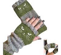 OLYGEE Cat Fingerless Gloves Women, Cozy & Soft Knit Fabric Fingerless Cat Gloves for Winter (green)