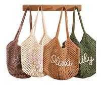 OLYGEE Crochet Beach Bag Personalized Custom Name Woven Tote Lightweight Summer Mesh Shoulder for Women Sandproof Foldable Travel for Bridesmaid Gifts Vacation Essentials (Beige,Custom Name)