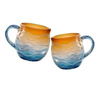 OLYGEE Golden Tide - Lot de 2 tasses fabriquées à la main en verre de mer motif vagues de l'océan - Verres de plage pour thé, vin, boissons inspirées des mers pour les amateurs de l'océan