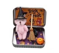 OLYGEE Halloween Teddy Bear in a Box for Trick Or Treat, Mini Witch Bear in Box with Wizard Hat Broom Pumpkin & Cat Decor (Pink)
