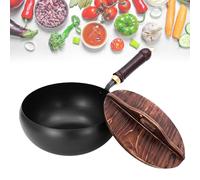OLYGEE Hand Hammered Cast Iron Wok with Lid, Uncoated Japanese Cookware for Gas & Induction Hobs (28cm,Wooden lid)