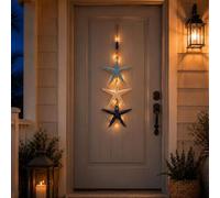 OLYGEE Lighted Coastal Wooden Starfish & Fish Hanging Decor, Warm LED Nautical Wall Decor for Beach House, Bathroom, Porch and Coastal Home (#A)